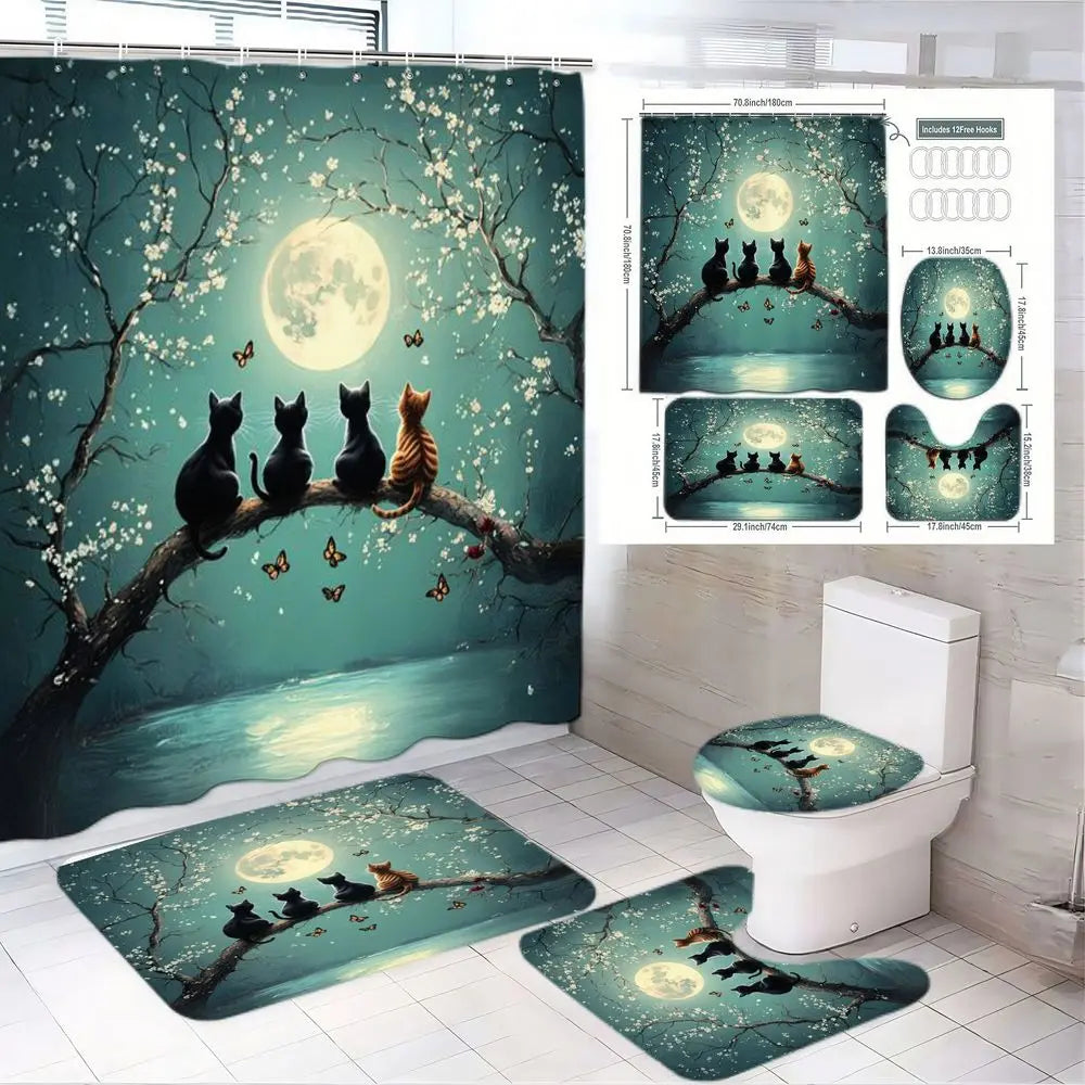 1/4pcs Teal Cat Moon Blossom Bathroom Decorative Shower Curtain Set, Celestial - Includes Toilet Lid Cover, Bath Mats, Full Moon Nightscape, Black/Brown Cats on Branch, Teal Sky Water Reflection, Home Decor