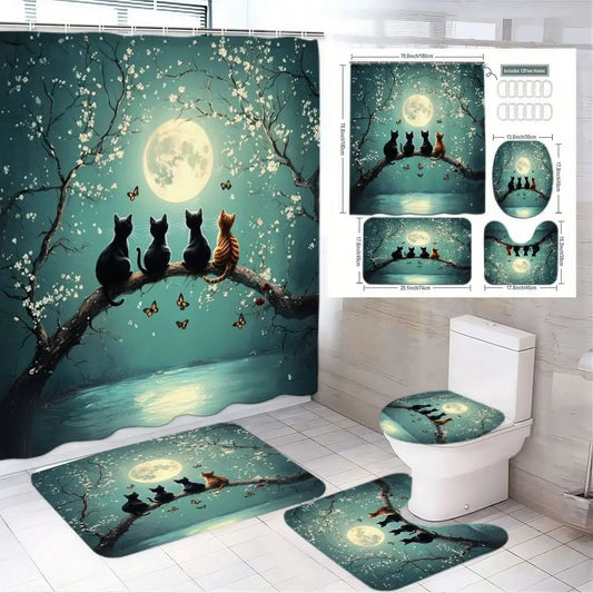 1/4pcs Teal Cat Moon Blossom Bathroom Decorative Shower Curtain Set, Celestial - Includes Toilet Lid Cover, Bath Mats, Full Moon Nightscape, Black/Brown Cats on Branch, Teal Sky Water Reflection, Home Decor
