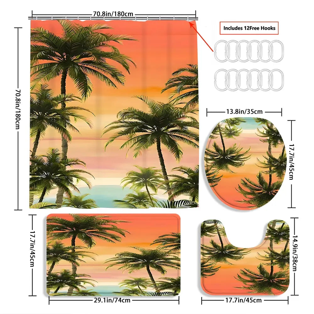JIT 1/3/4 pcs Shower Curtain Set - Tropical Sunset Sea and Sky Bathroom Decorative Toilet Cover, Bath Mat, Shower Curtain Strip - 12 hooks, suitable for American patriotic and independent home decoration.