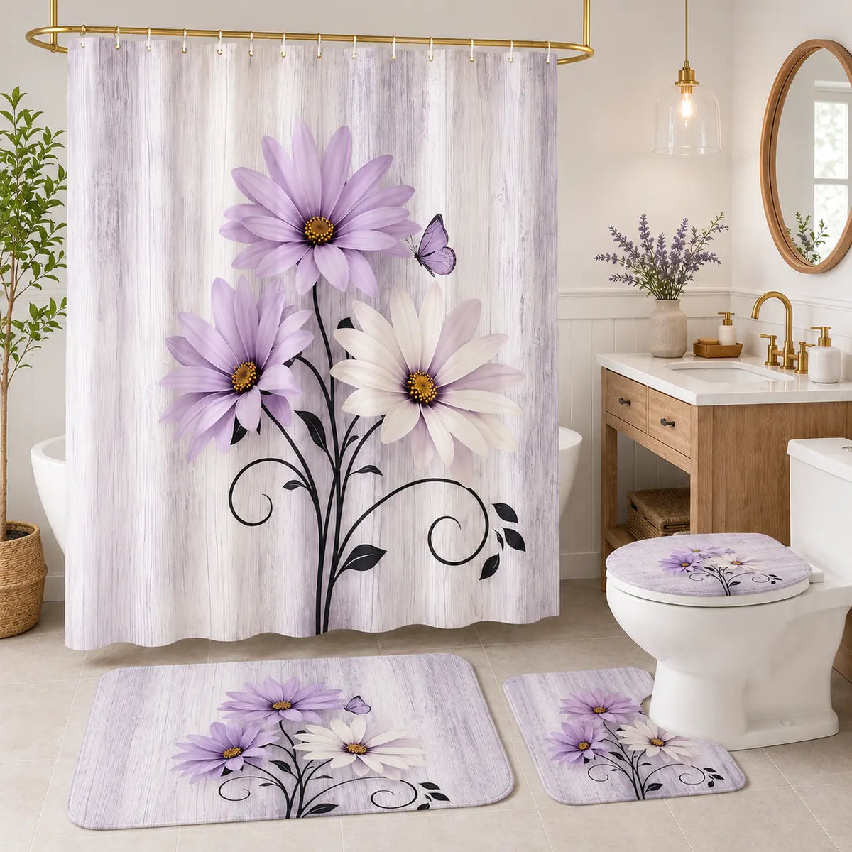 4-Piece  Pink Country Farmhouse Shower Curtain Set with Shower Curtain, Mat, and Accessories; Waterproof Decorative Bathroom Shower Curtain Set with 12 Hooks, 72 x 72 in
