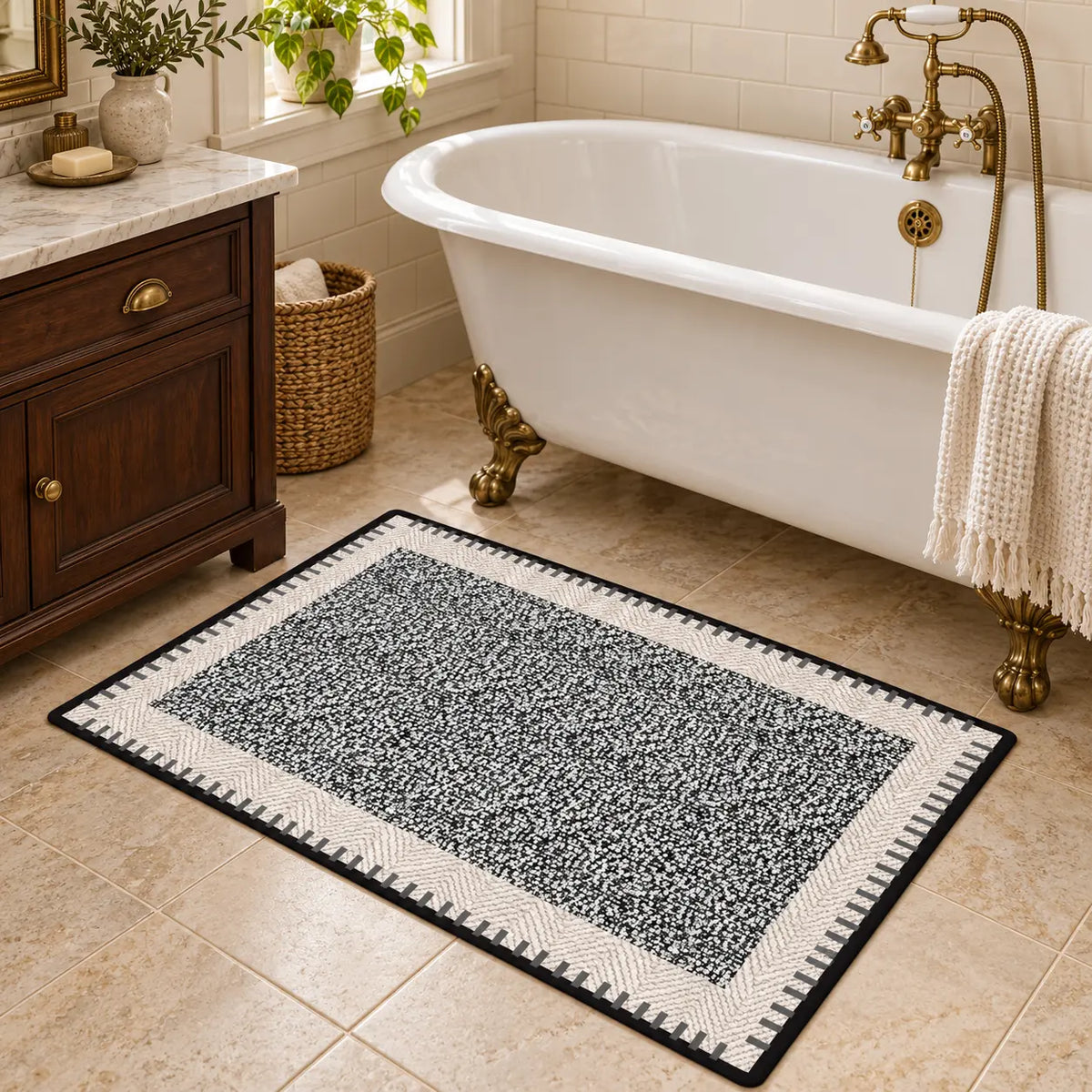 Black and White Abstract Diatomaceous Earth Bath Mat, Super Absorbent Quick Dry Non Slip Bathroom Rug, Stay-Put Floor Mat for Shower, Kitchen, Bedroom Doorway & Front Entryway