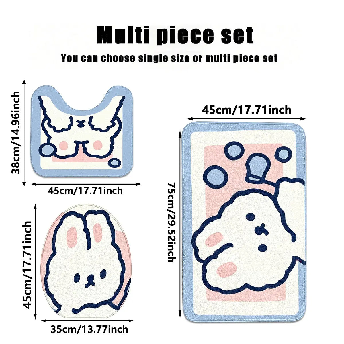 3pc Cute Bunny Doodle Style Bath Mat Set, 100% Polyester Absorbent Bath Mats Non-Slip Rugs for Washroom Bathroom Entryway, Soft Skin-Friendly & Easy Clean, Adorable Home Decor Gift