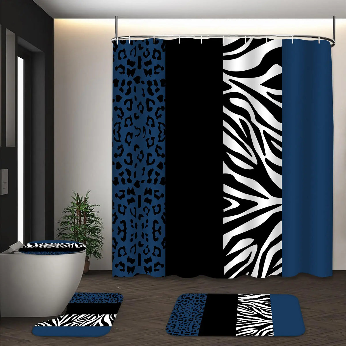 LVRLVR 4Pcs Leopard Zebra Print Bold Animal Print Multi-Color Bathroom Shower Curtain Set 70.8×70.8 Inch