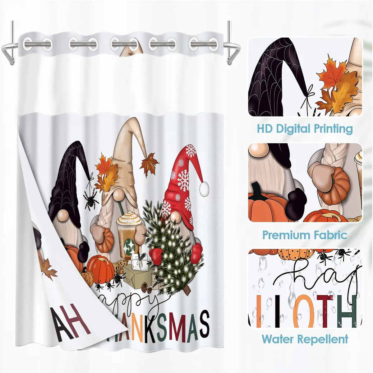 1Pc Hookless Double Layer Printed Shower Curtain, Holiday Gnome Pumpkin Spider Coffee Cup Print, Halloween Fall Christmas Bathroom Decor, Waterproof Washable Fabric, Removable Snap-in Liner, Top See-Through Window, For Apartment, Guest Bath, RV