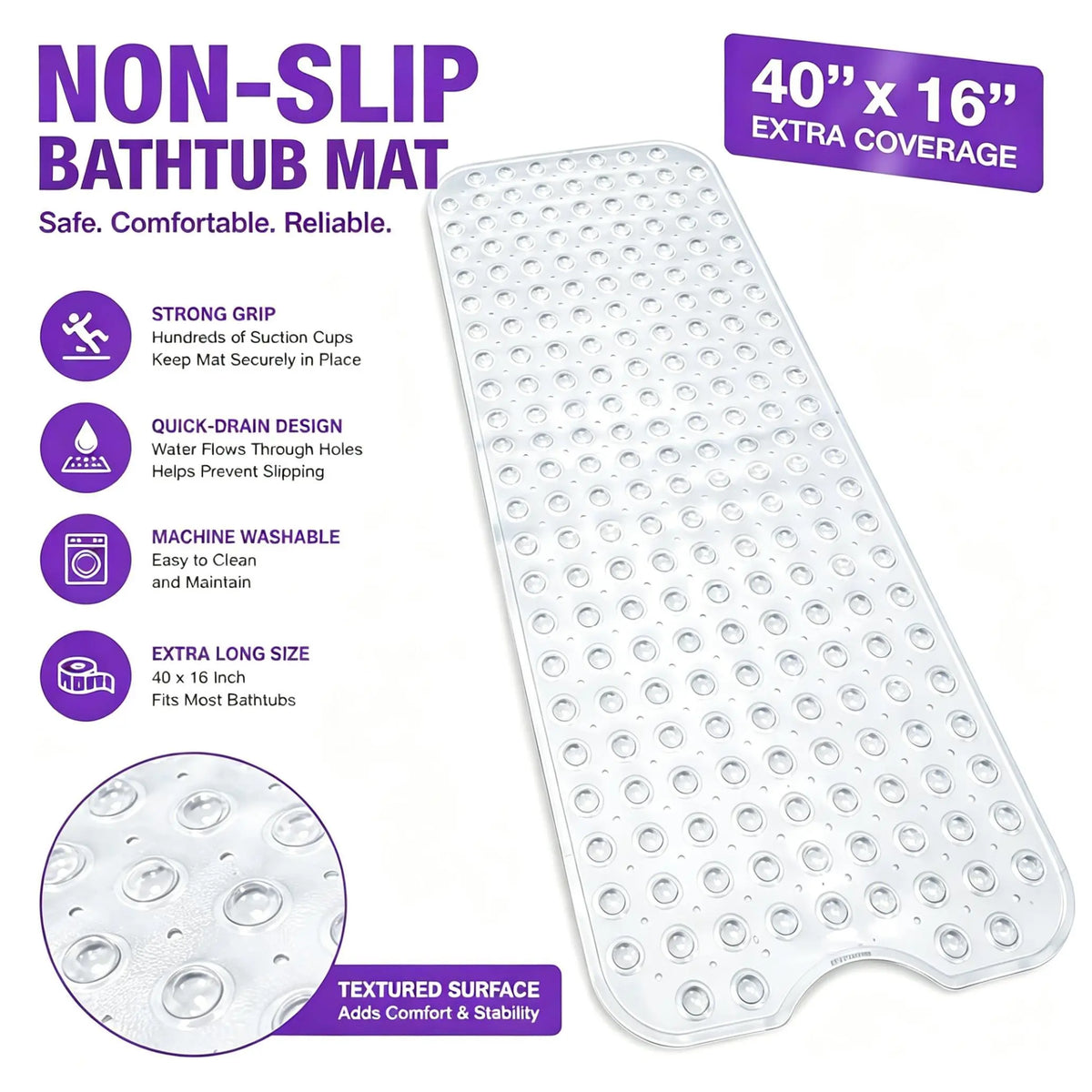 Bathroom Essentials Mat 40x16 Inch,Non Slip Mat With Strong Suction Cups,Large Machine Washable Shower Rug,Drain Holes Keep Tub Clean,Waterproof Mold Resistant Rubber PVC Mat,Blue Black Transparent Light Gray,Bathroom Supplies,Holiday Gift For Family, Bat