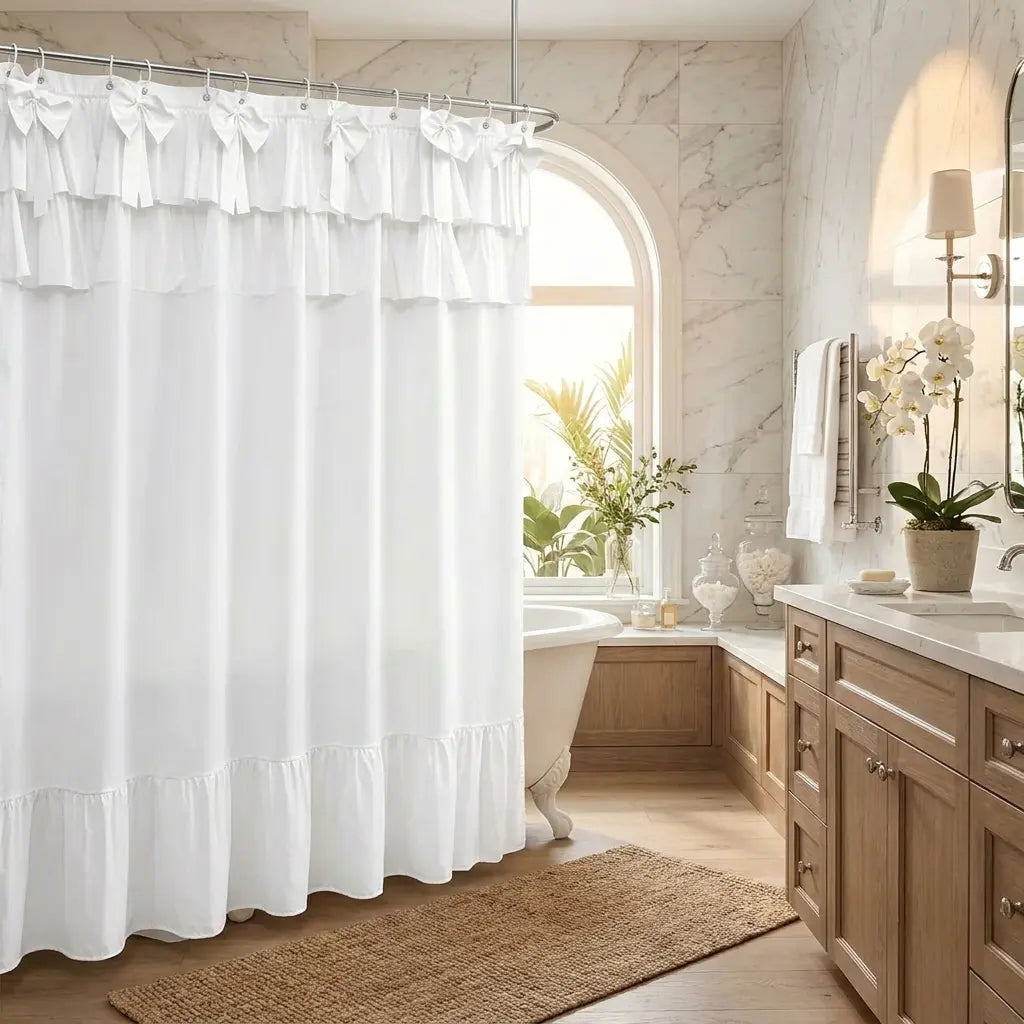 Yrztrk Retro Flower Polyester Shower Curtain with Ruffle, Handcrafted Big Bow Tie, 12 Hooks - Waterproof, Quick-Drying, Machine-Washable Decorative House Decor for Master Bathroom,sohochic