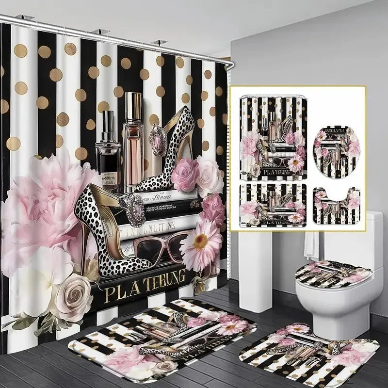 1/4pc Floral Pattern Bathroom Decor Set, including shower curtain, toilet U-shaped mat, bathroom mat, and toilet seat cover, comes with 12 shower curtain hooks, Bathroom Decor and Accessories, Bathroom Supplies