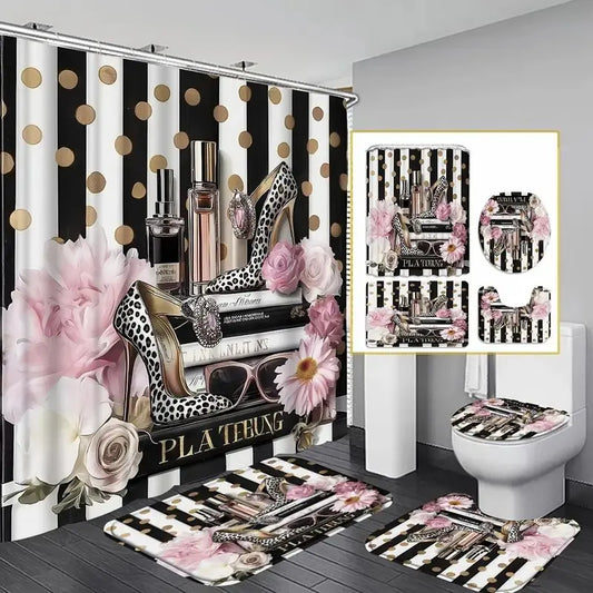1/4pc Floral Pattern Bathroom Decor Set, including shower curtain, toilet U-shaped mat, bathroom mat, and toilet seat cover, comes with 12 shower curtain hooks, Bathroom Decor and Accessories, Bathroom Supplies