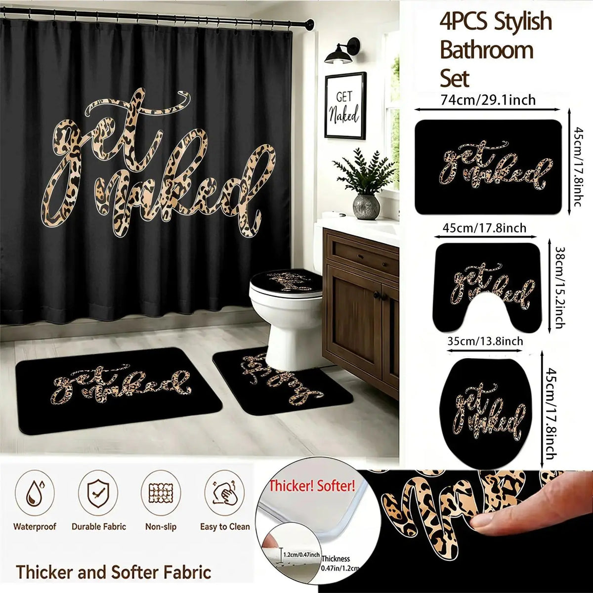 1/4pcs Fashion Glam Leopard Print Animals Polyester Bathroom Curtain Combo Set - Black Background "Get Naked" Sassy Quote, Thick-Soft Floor Mat, Shower Curtain Cloth, Softness for Festive Bathroom Decor