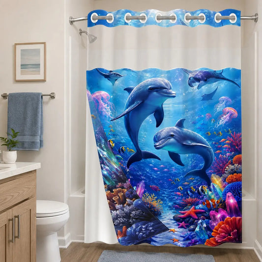 1 Pc Hookless Double Layer Shower Curtain, No Hook Shower Curtain, Underwater World Dolphin Print, Machine Washable Waterproof Mildew Resistant Fabric, Ocean Vibe Home Bathroom Decor, Removable Snap-in Liner, Bathroom Divider - 71"×74