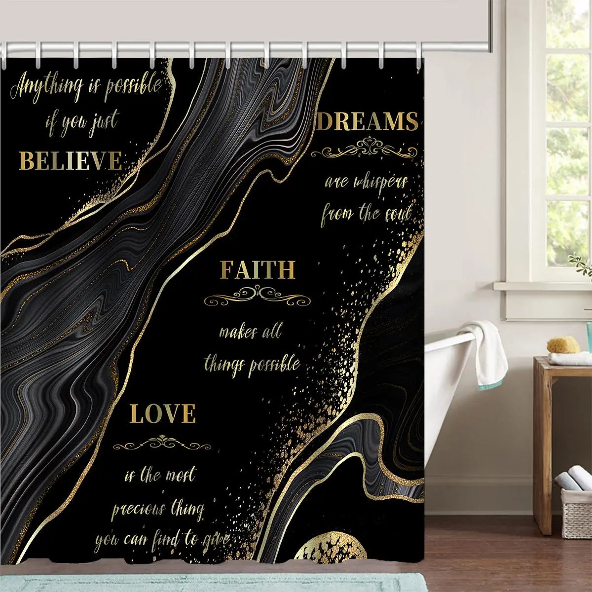 Letter and Black Marble Pattern Bathroom Set, 4 Counts/set Non-Slip Bath Mat, Toilet Lid Mat, U-Shaped Contour Rug and Waterproof Shower Curtain with Hooks, Home Bathroom Decor and Accessories