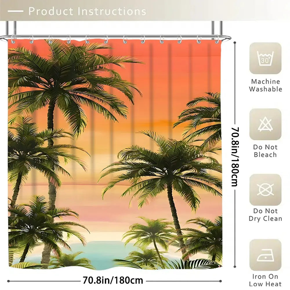 JIT 1/3/4 pcs Shower Curtain Set - Tropical Sunset Sea and Sky Bathroom Decorative Toilet Cover, Bath Mat, Shower Curtain Strip - 12 hooks, suitable for American patriotic and independent home decoration.