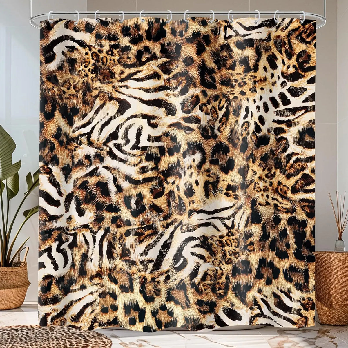Leopard Print Shower Curtain Wild Safari Skin Pattern Powerful Cheetah Cat Panthera Black Brown Fur Wildlife Waterproof Bathroom Home Decor with Hooks