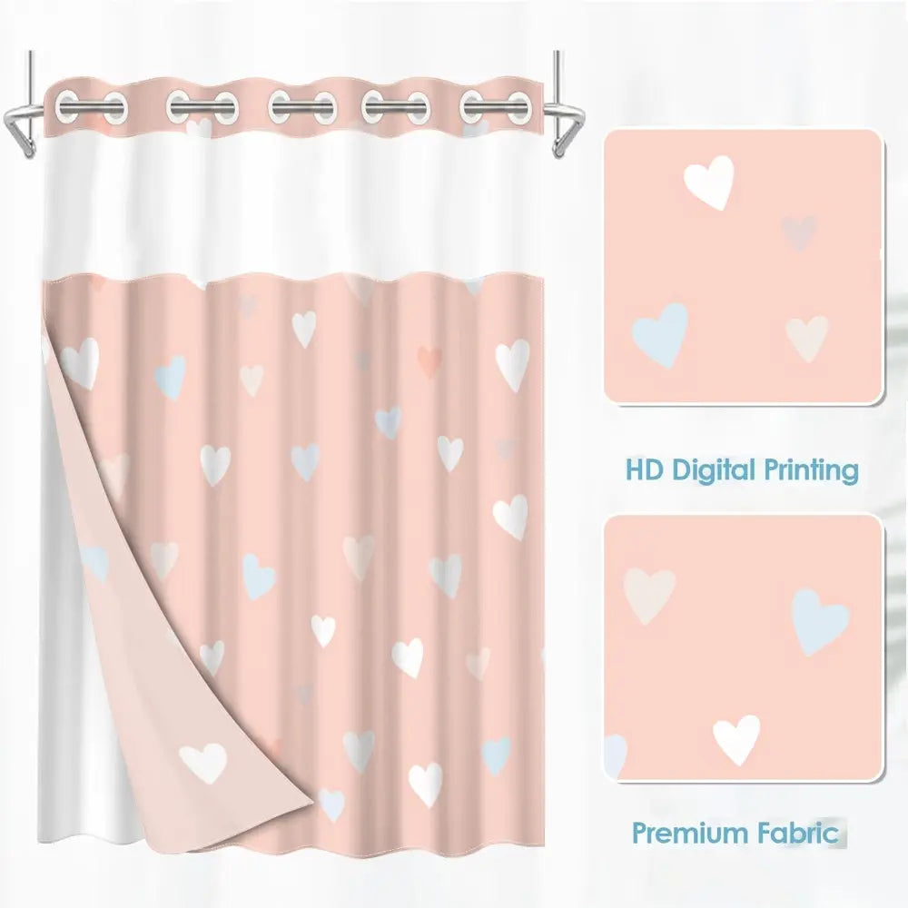 1pc hookless printed shower curtain with buckle lining, pink heart all-over design 2D flat printing, fabric waterproof lining, see-through double-layer shower curtain, 71 x 74 inches, Pretty shower curtain